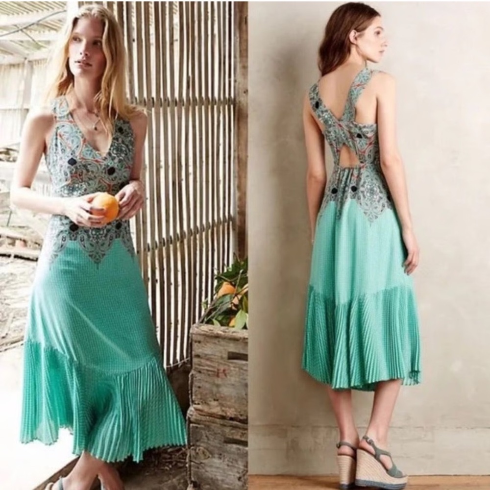 Anthropolegie Maeve Green Ruffled Tiered Halter Sundress, Size 14
